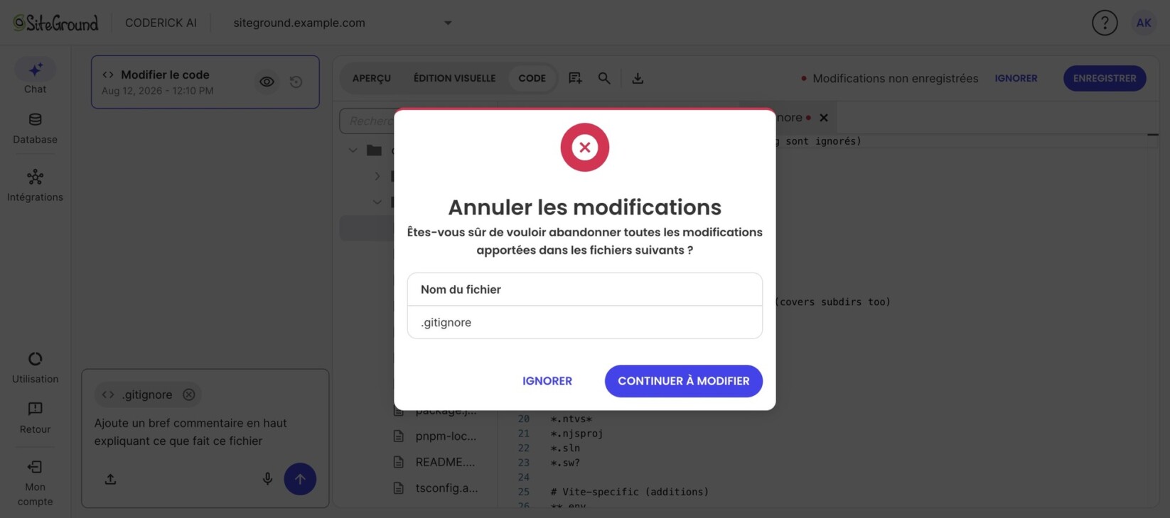 Coderick AI avec une fenêtre de confirmation « Annuler les modifications » demandant s'il faut abandonner toutes les modifications du fichier .gitignore, avec les boutons Ignorer et Continuer à modifier.