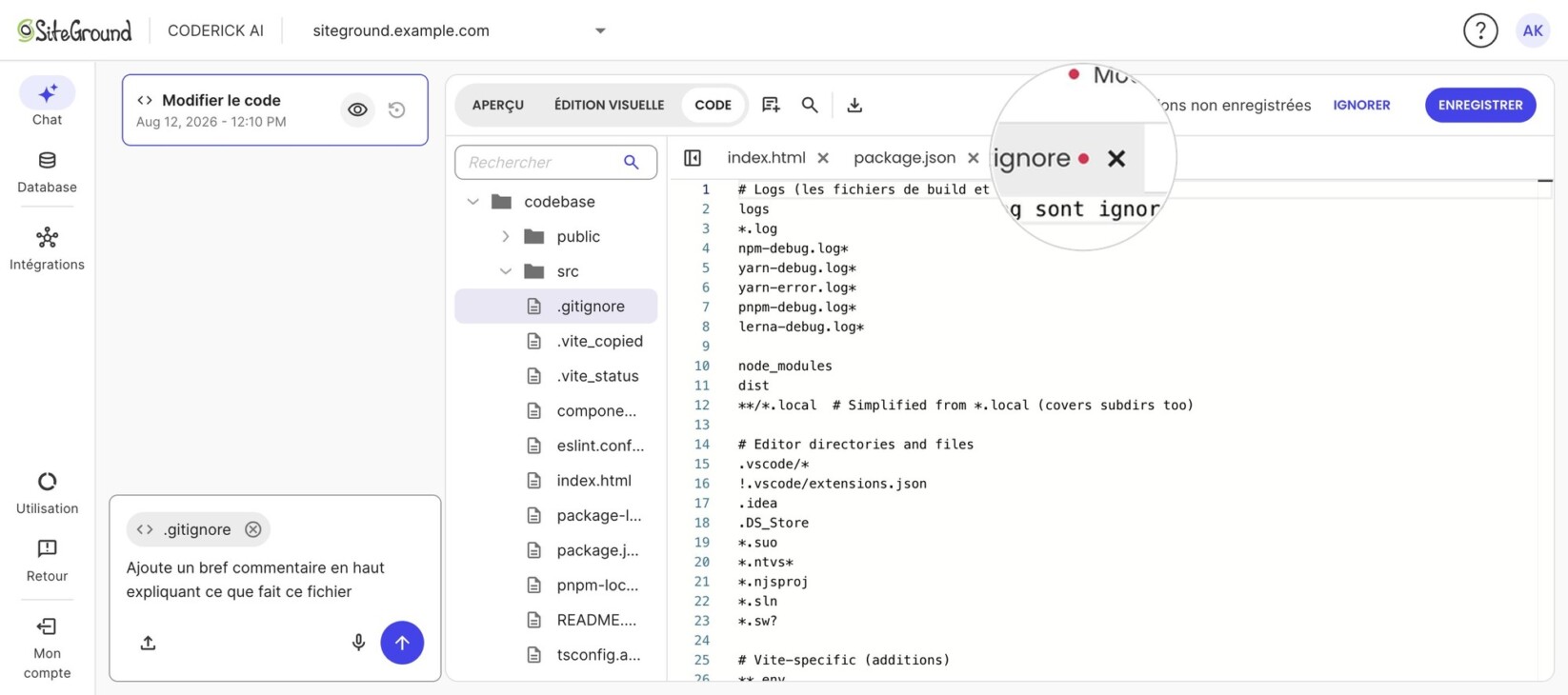 Coderick AI en train de modifier .gitignore en vue Code, avec l'onglet marqué comme modifié et l'indicateur « Modifications non enregistrées » avec les boutons Ignorer et Enregistrer surlignés.