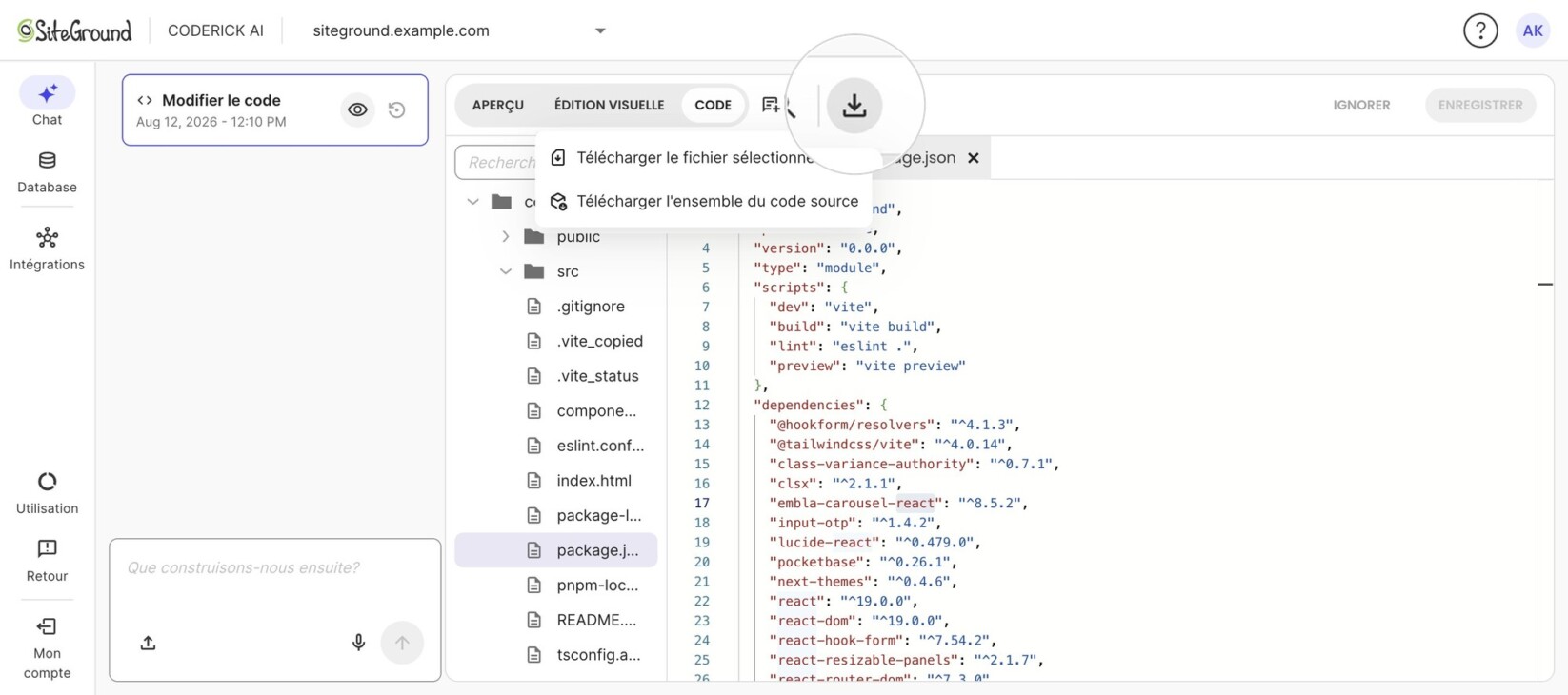 Coderick AI avec le menu de téléchargement ouvert (surligné), proposant « Télécharger le fichier sélectionné » et « Télécharger l'ensemble du code source ».
