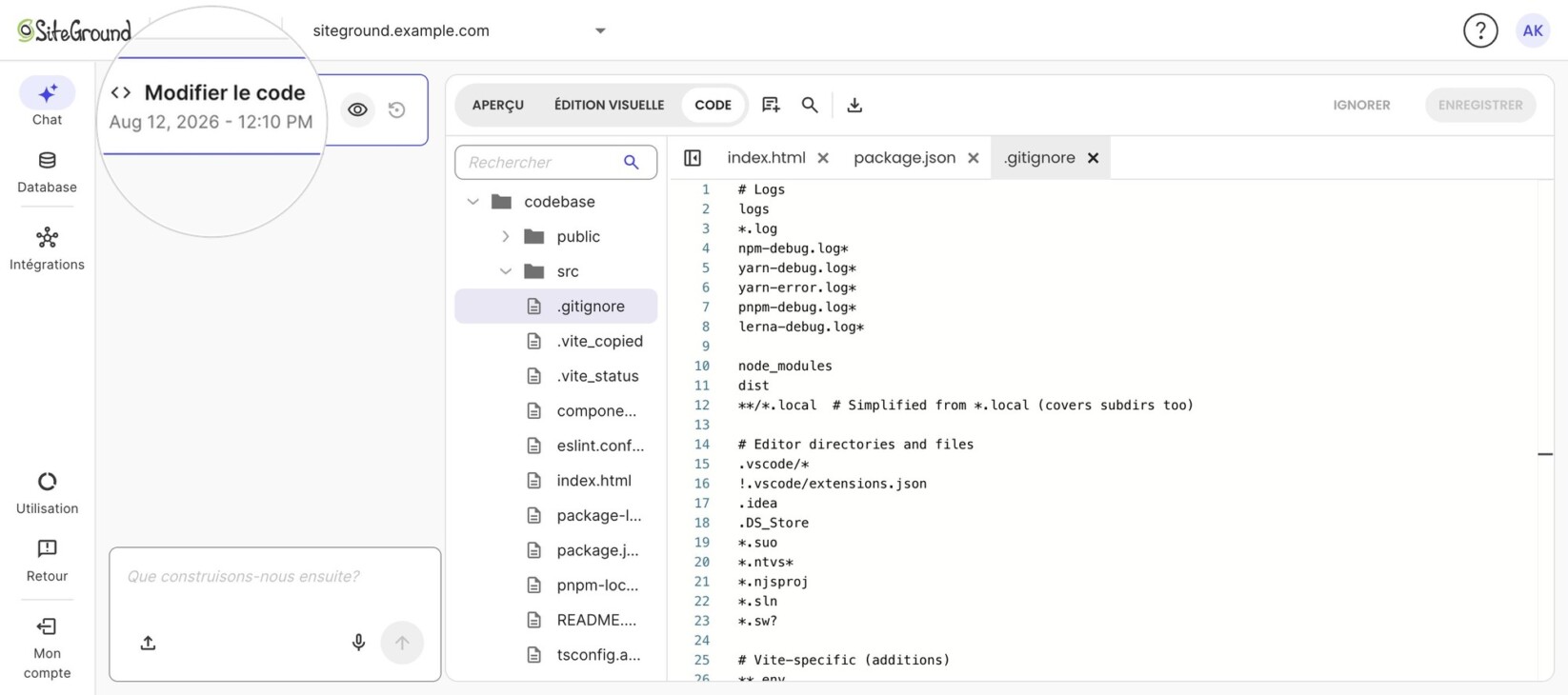 Coderick AI avec le fichier .gitignore auto-généré ouvert et une entrée d'historique de chat surlignée « Modifier le code – Aug 12, 2026 - 12:10 PM ».