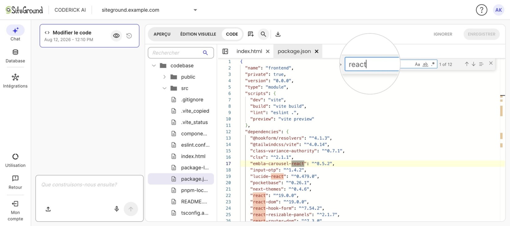 Coderick AI avec la barre de recherche dans le fichier (surlignée) recherchant « react » dans package.json, affichant « 1 of 12 » correspondances surlignées dans la liste des dépendances.