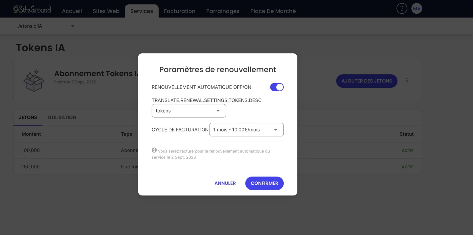 Dans la fenêtre pop-up des paramètres de renouvellement, vous pourrez modifier la limite mensuelle de Tokens AI et la fréquence de facturation pour votre période d'abonnement
