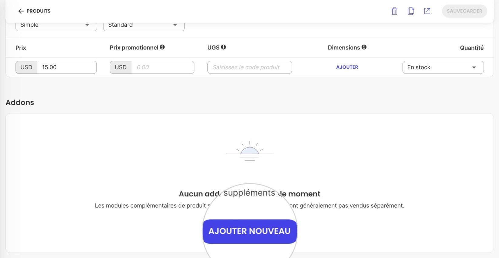 Faites défiler jusqu'à la zone des add-ons et appuyez sur AJOUTER NOUVEAU
