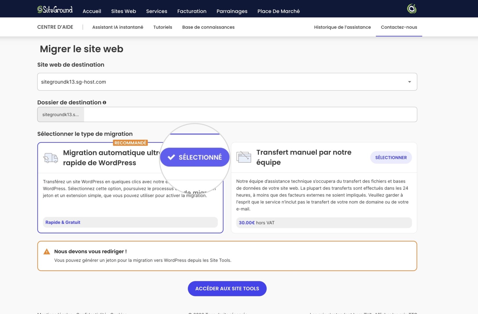 Assistant de configuration de site web montrant les options de transfert d'un site existant avec WordPress Migrator sélectionné