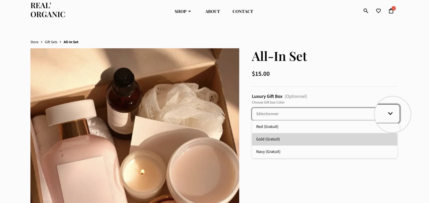 Voici un aperçu de l'add-on produit Boîte cadeau luxe et de la façon dont vos clients le verront sur votre boutique en ligne