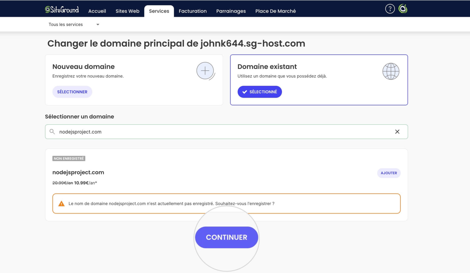 Page de résumé de l'assistant de configuration pour changer le domaine du projet Node.js avec le bouton Continuer mis en évidence pour démarrer le processus