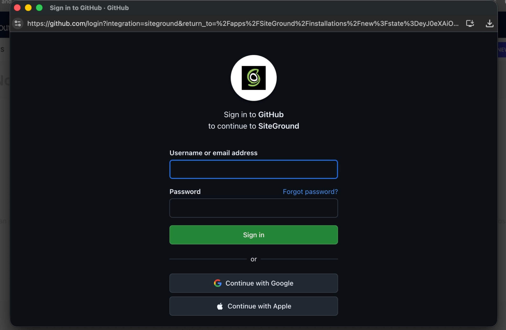 Écran de connexion GitHub qui s'ouvre après la sélection de l'option Importer un dépôt GitHub