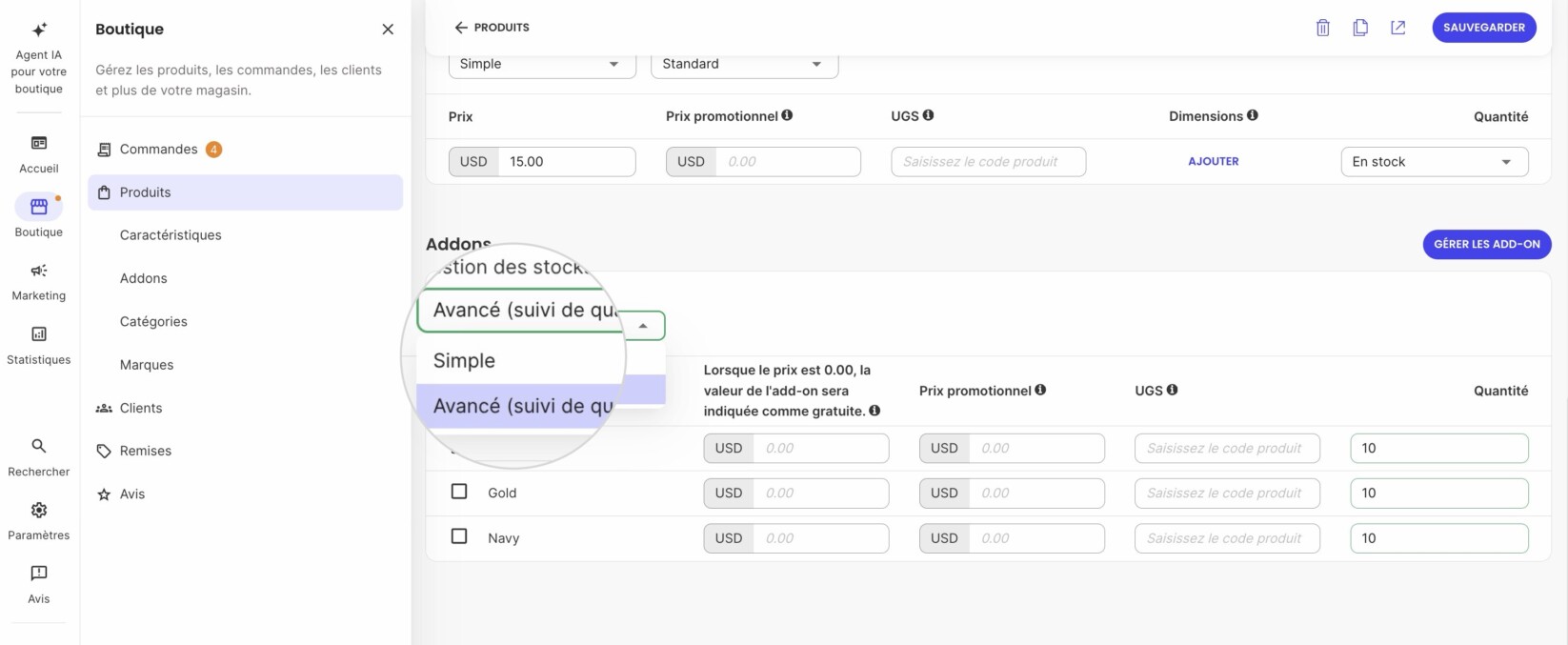 Ensuite, vous pouvez appliquer des paramètres de gestion des stocks des add-ons supplémentaires pour chaque article