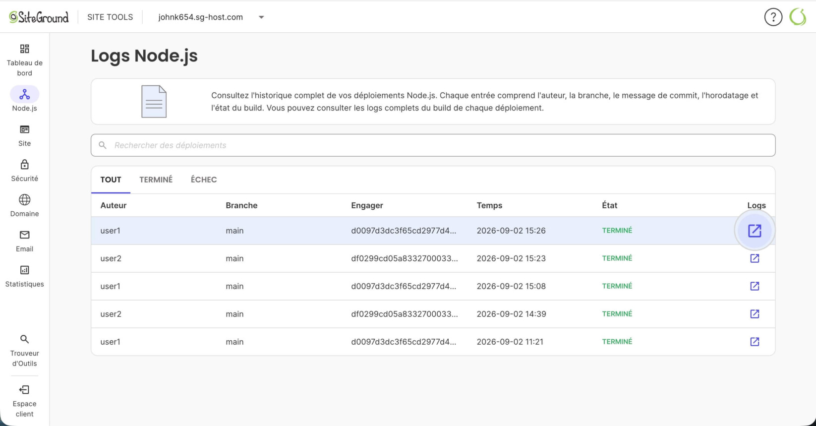 Page Logs de la section Node.js dans les Site Tools de Node.js avec une icône de logs mise en évidence qui ouvre les logs détaillés