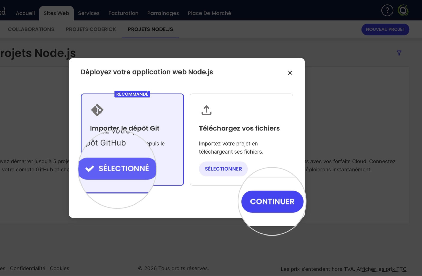 Première page de l'assistant de configuration pour un nouveau projet Node.js présentant les deux options : Importer un dépôt GitHub et Télécharger vos fichiers