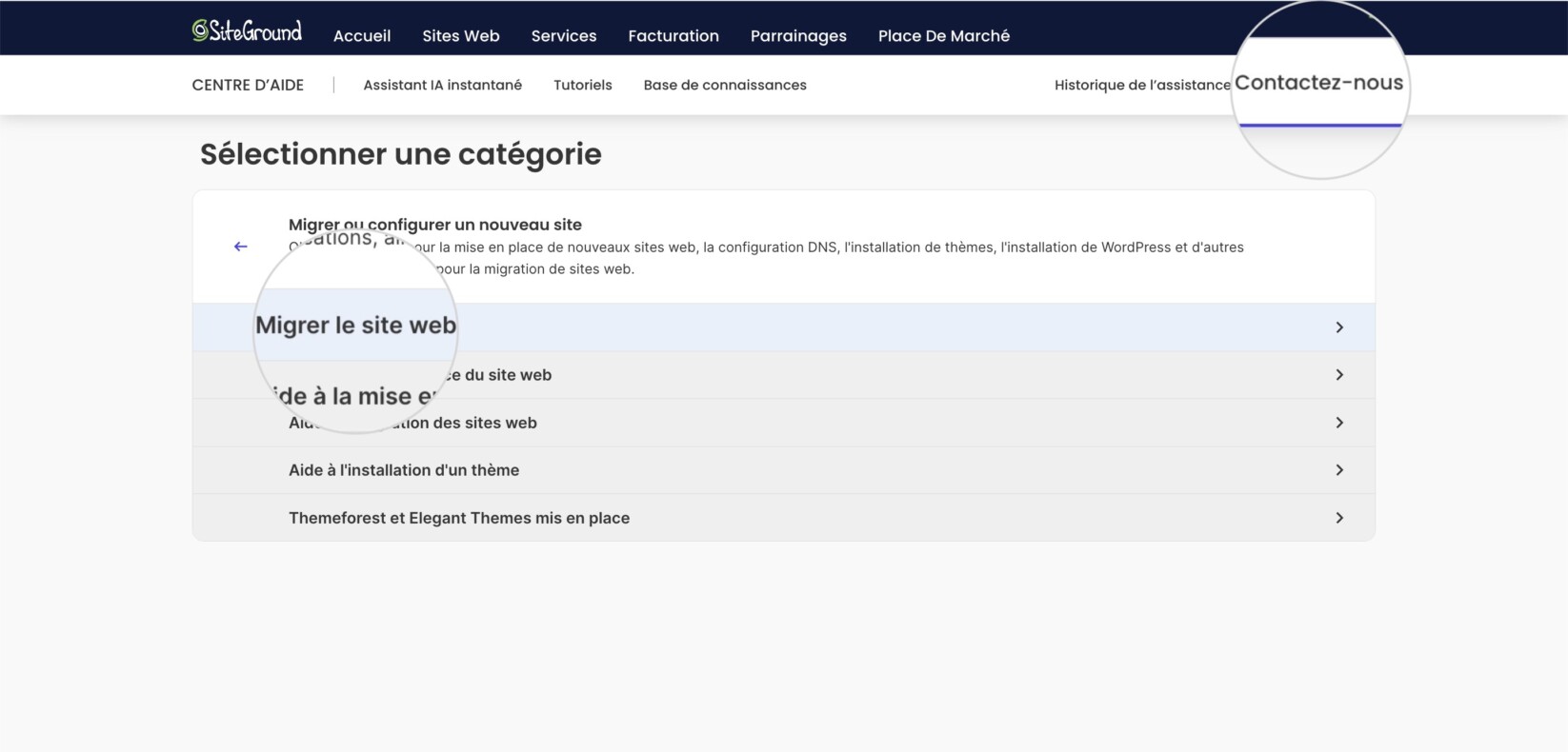 Menu d'assistance dans l'Espace Client SiteGround avec les options pour transférer un site web
