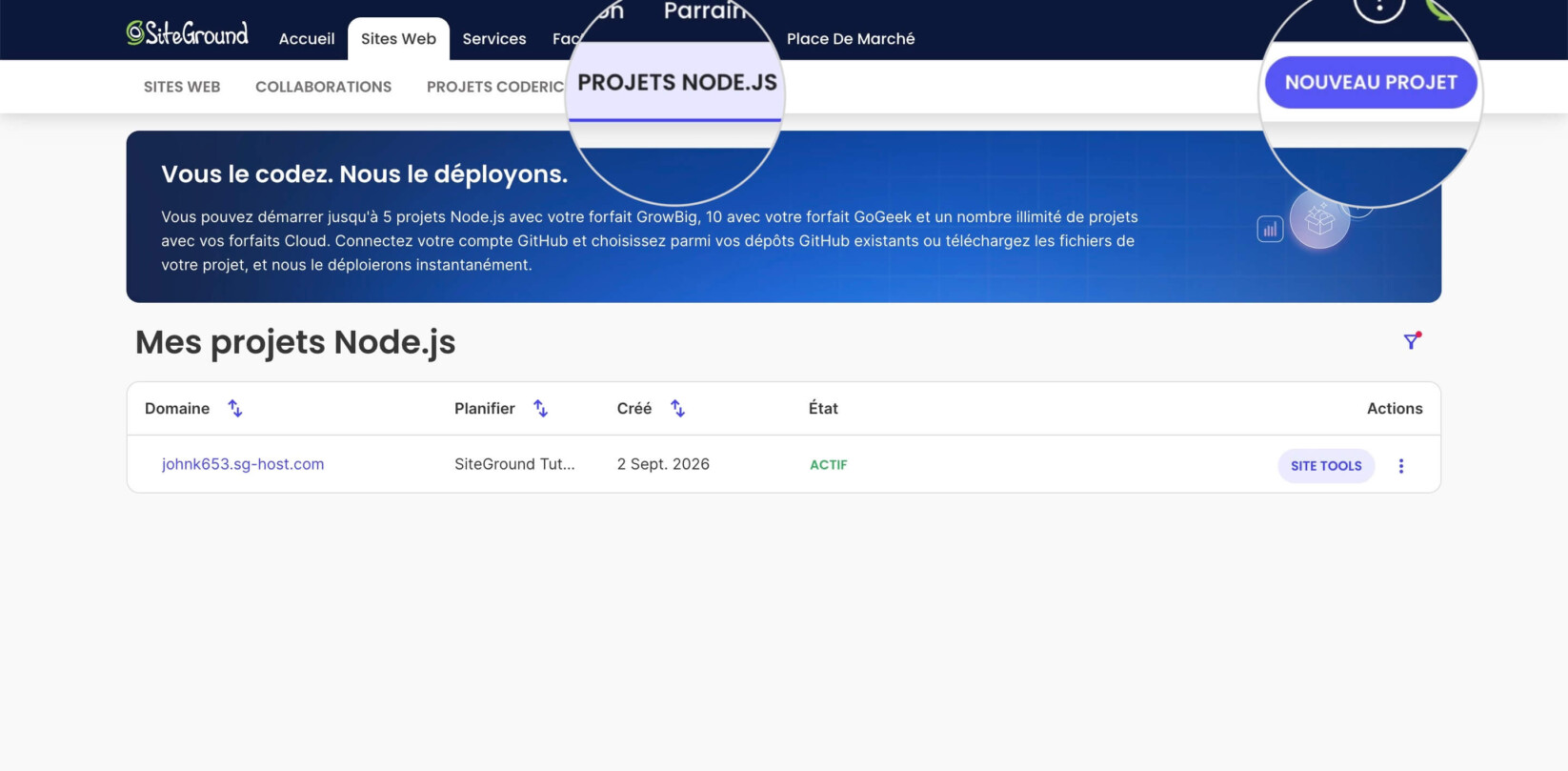 Page des projets Node.js dans l'Espace Client SiteGround avec le bouton Nouveau projet en surbrillance