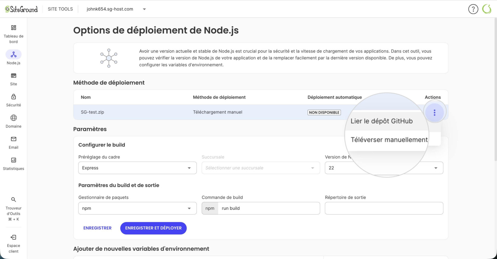 Options de déploiement dans les Site Tools de Node.js affichant les options de la méthode de déploiement pour une application téléchargée manuellement