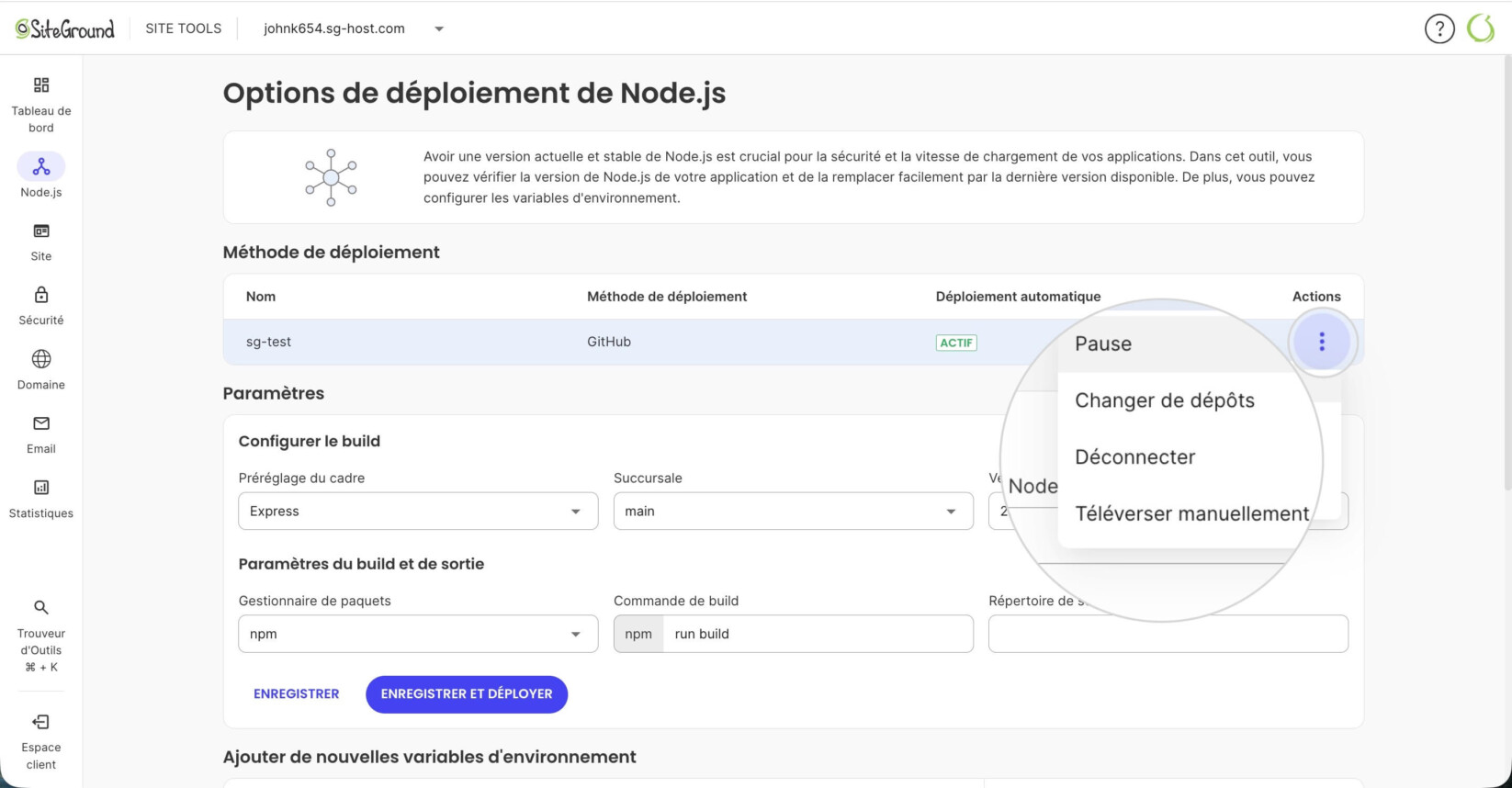 Options de déploiement dans les Site Tools de Node.js affichant les options de la méthode de déploiement pour une application importée depuis un dépôt GitHub