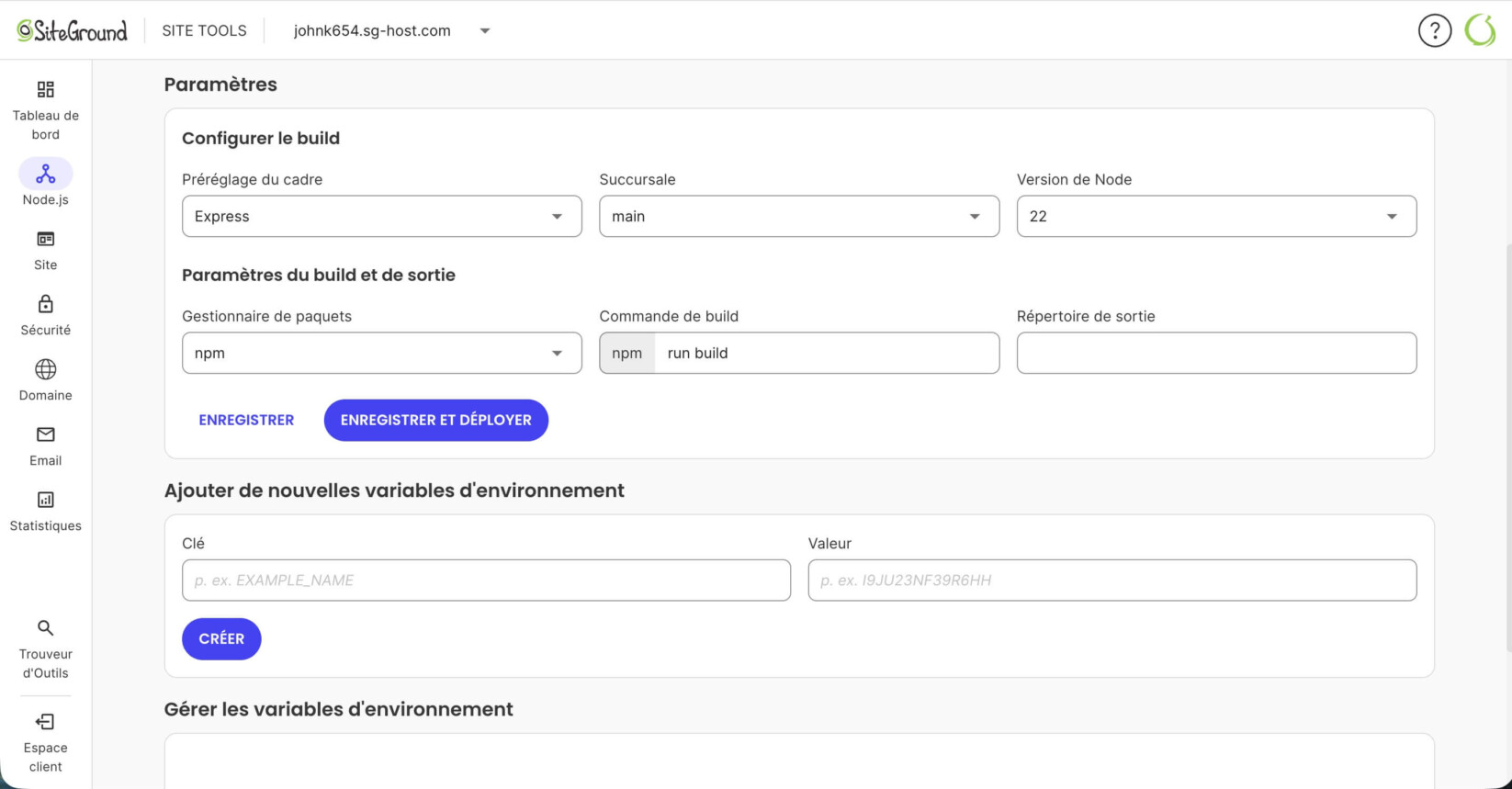 Section Paramètres de la page des options de déploiement dans les Site Tools de Node.js