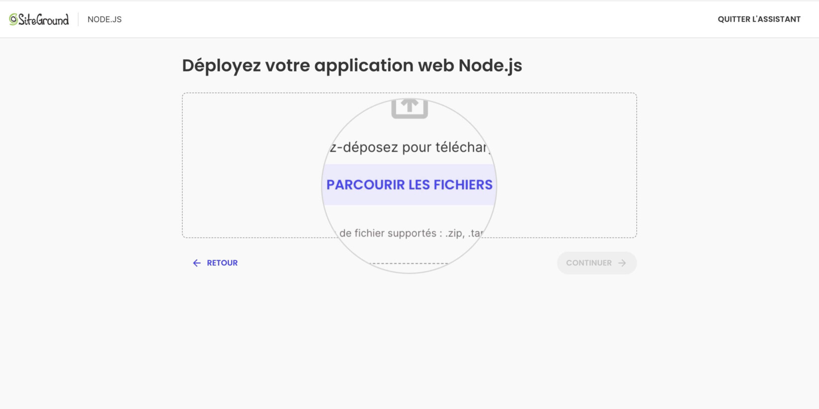 Bouton Parcourir les fichiers qui apparaît après la sélection de Télécharger vos fichiers pour un nouveau projet Node.js