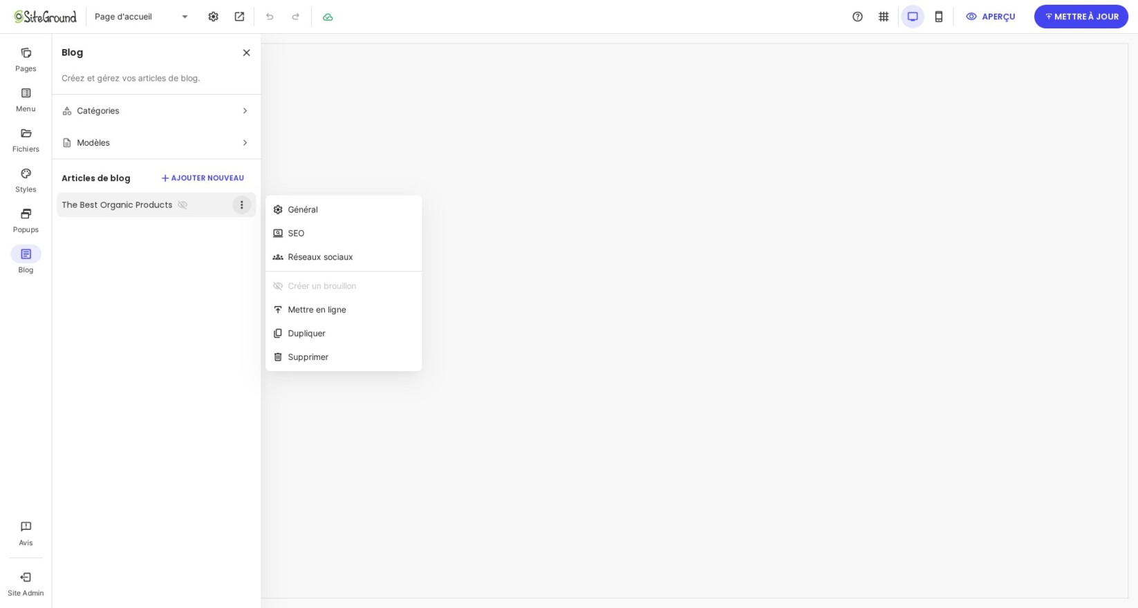 Depuis la fenêtre pop-up, vous pouvez choisir entre les paramètres Général, SEO et Réseaux sociaux.
