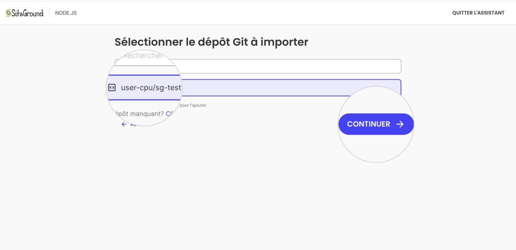 Une page de l'assistant de configuration pour un nouveau projet Node.js qui montre les dépôts détectés dans un compte GitHub