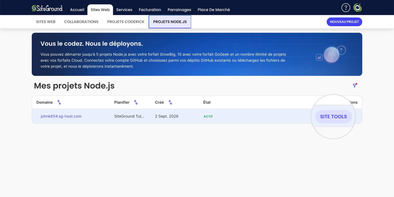 Section Projets Node.js dans l'Espace Client SiteGround affichant un bouton Site Tools mis en évidence pour un projet