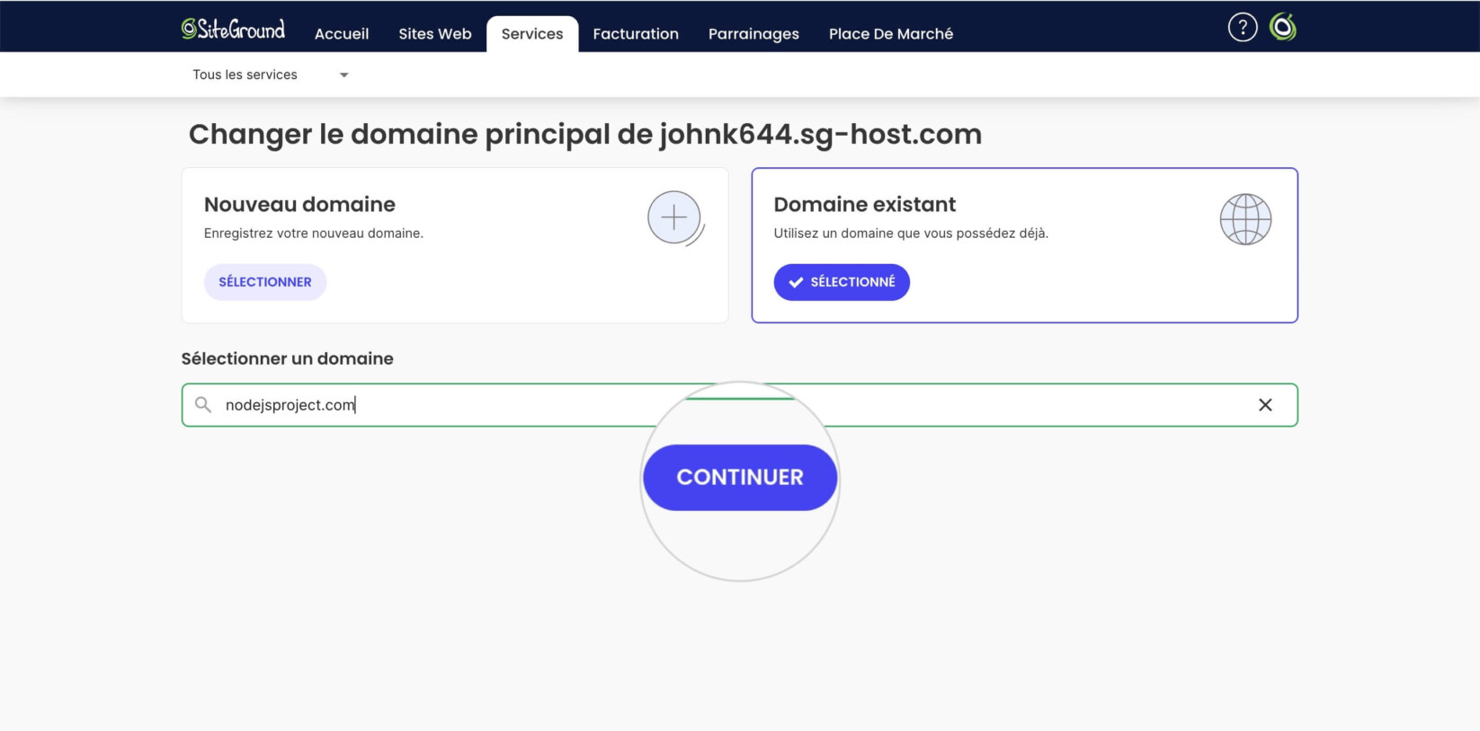 Assistant de configuration pour changer le domaine d'un projet Node.js. Les options affichées sont pour choisir un nouveau domaine ou un domaine existant et un champ de texte pour taper le nom de domaine
