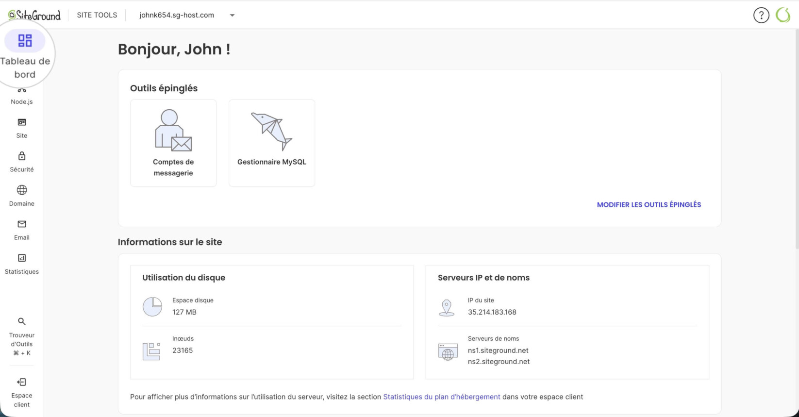 Page Tableau de bord des Site Tools d'un projet Node.js