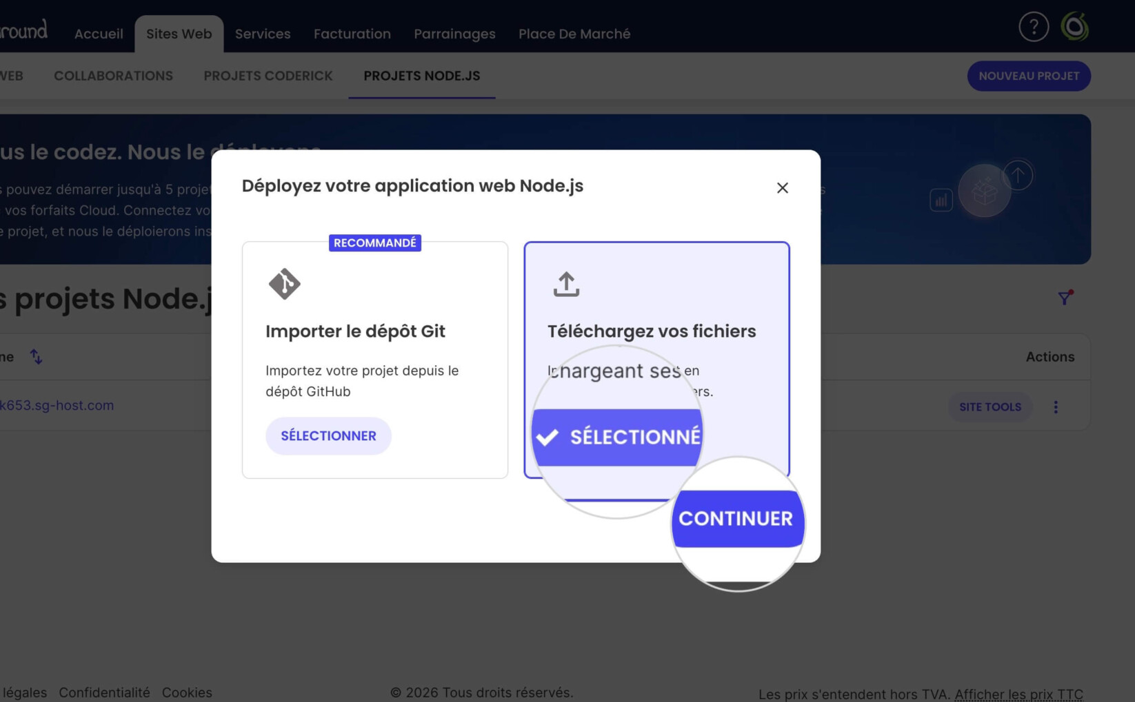 Première page de l'assistant de configuration pour un nouveau projet Node.js présentant les deux options : Importer un dépôt GitHub et Télécharger vos fichiers