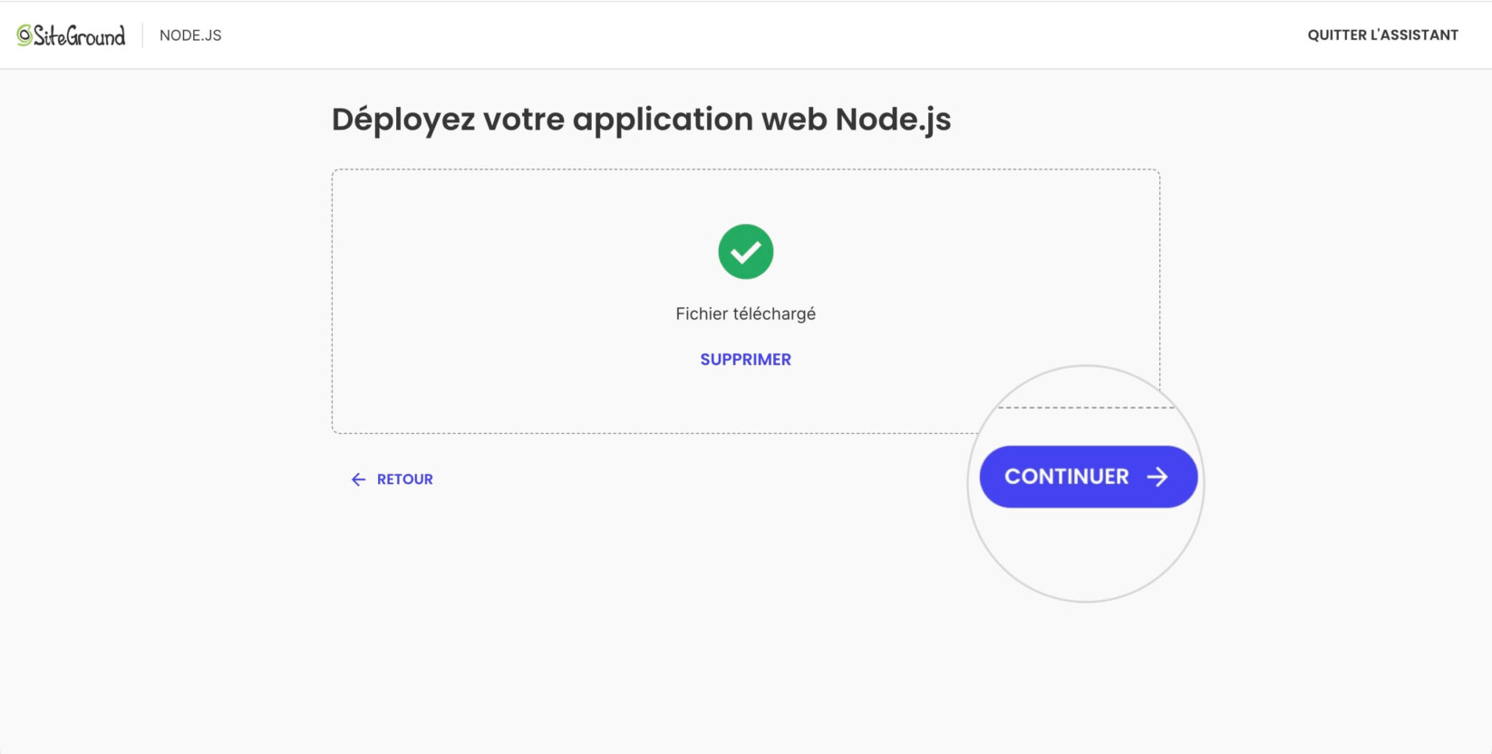Une page de l'assistant de configuration pour un nouveau projet Node.js après le téléchargement d'une archive manuelle. Le bouton Continuer est en surbrillance