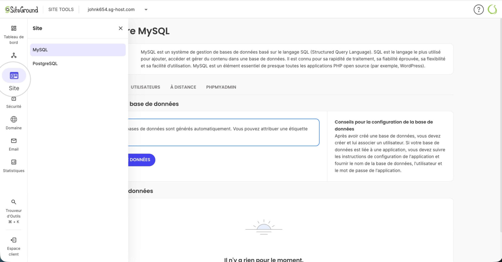 Section Site des Site Tools d'un projet Node.js où vous pouvez gérer les bases de données