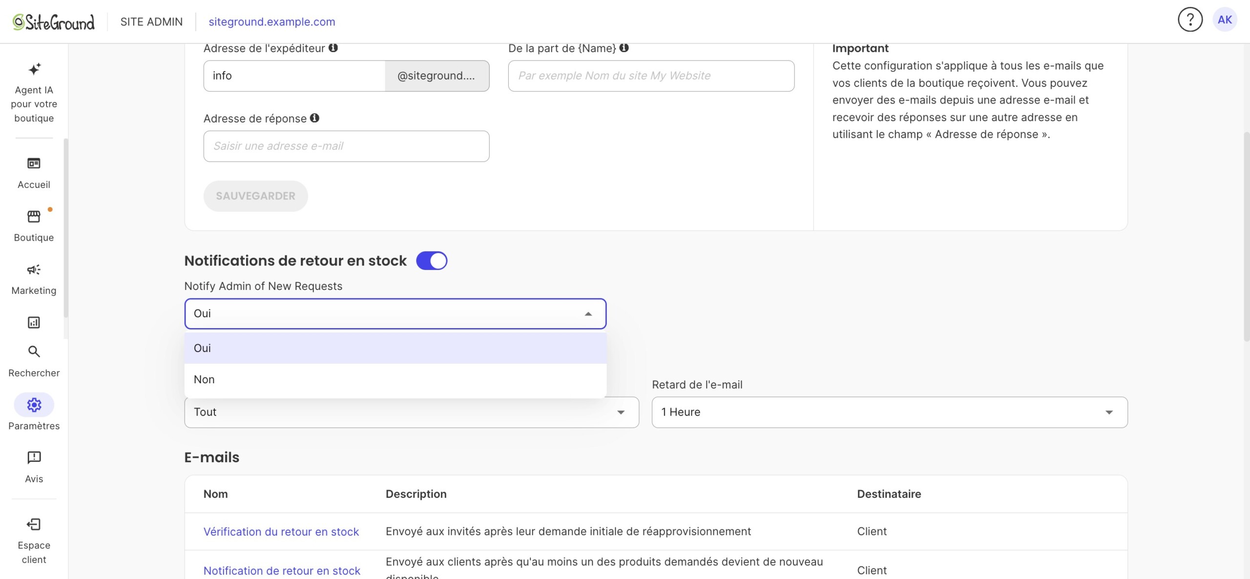 Menu Notify Admin of New Requests ouvert avec les options Oui et Non ; Oui est sélectionné